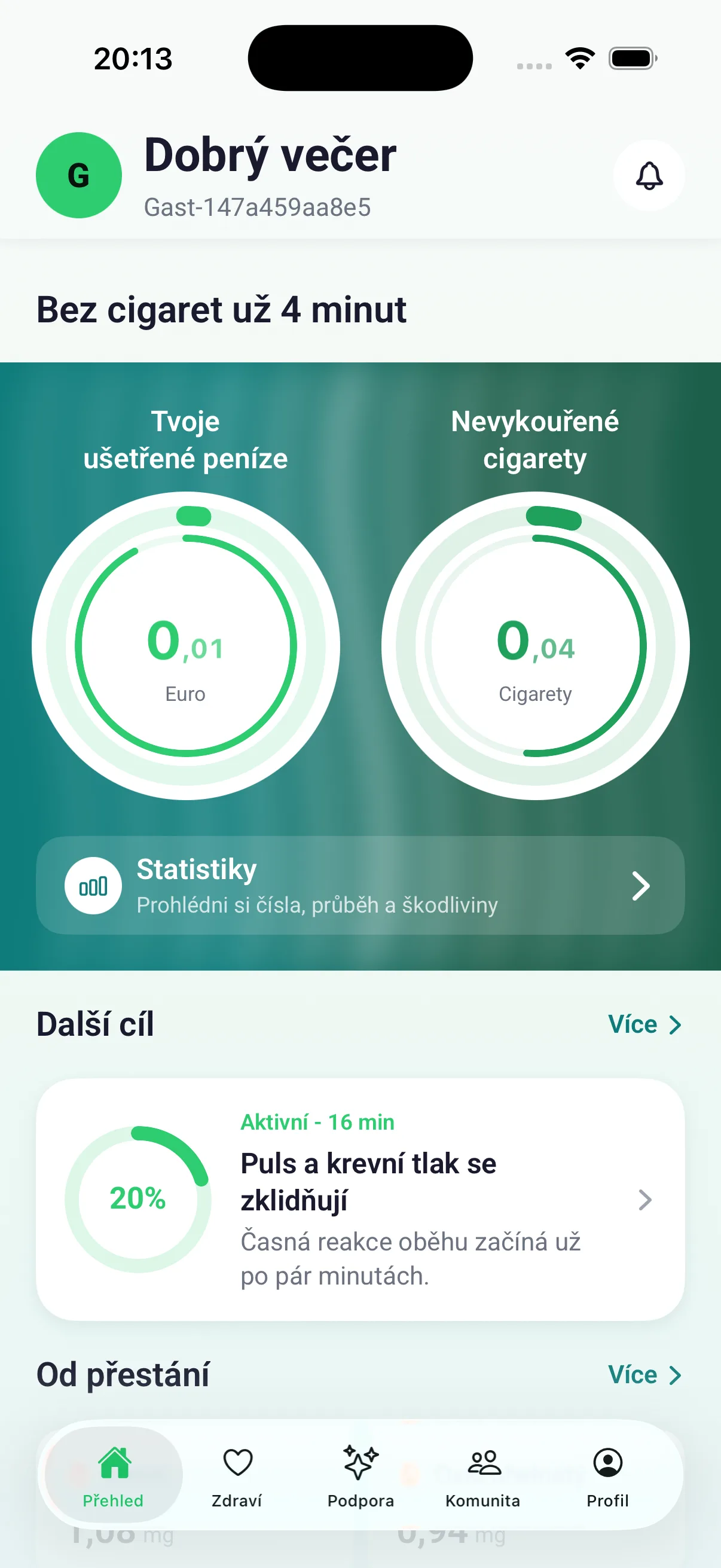 Přehled s počítadly ušetřených peněz a nevykouřených cigaret
